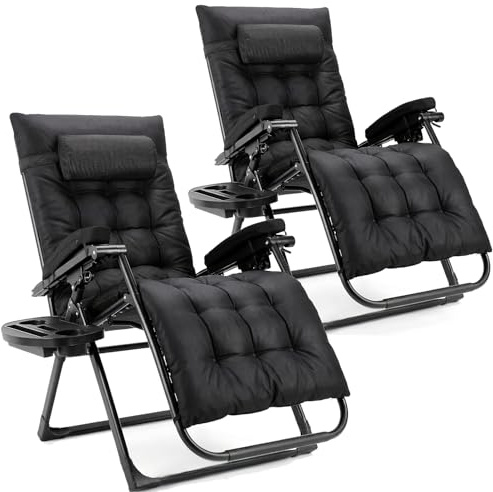 TLGREEN Sonnenliege Klappbar 2er Set, Verstellbare Gartenliege mit Auflage Wasserdicht Abnehmbare Kopfstütze Getränkehalter, Liegestuhl, Klappliege für Balkon, Schwarz