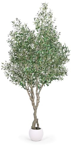 Jocoevol Artificial Olive Tree 8FT, Indoor Fake Silk Plant with Realistic Trunk, Leaves, Fruits and White Planter, Faux Potted Tree for Home Decor and Housewarming Gift, 1 Pack
