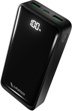 UNIQO Power LCD 20K, PowerBank 20000mAh, Power Delivery 22.5W (PD 3.0 PPS), LCD-Skärm, USB-C, USB-A, Powerbank med Snabbladdning, för iPhone, Portabel Reseladdare, Svart | LCD-skärm, USB-C, USB-A, snabbladdningsbank, för iPhone, bärbar reseladdare, svart