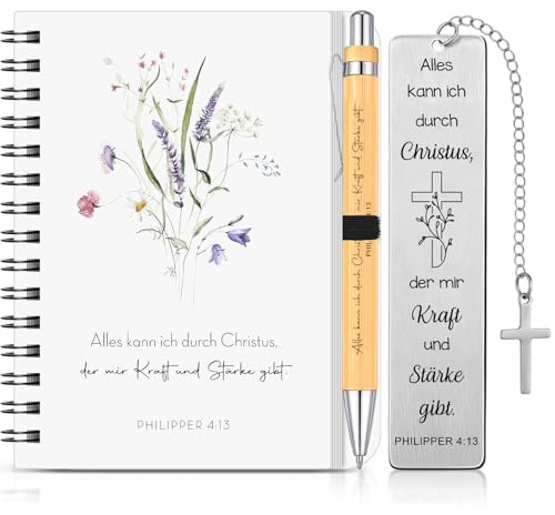 Sinmoe 3 Stück Bibel Geschenke Set, A6 Spirale Christliches Notizbuch, Bibel Lesezeichen und Kugelschreiber, Inspirierende Geschenke für Kollegen Freunde Kirchenmitglieder Andacht Weihnachten