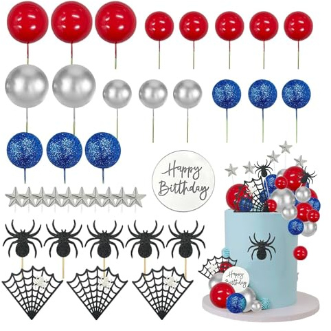 Fesnova 37 Stück Spinnen Cake Topper, Rot, Blau, Silber, Spinnen Tortendeko, Spinnen Geburtstagsdeko, für Jungen Männer Thema Dusche