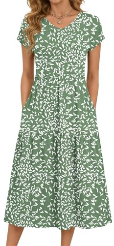 PLOKNRD Women's Summer Dress V Neck Tiered Midi with Pockets, Oliv Lf, M