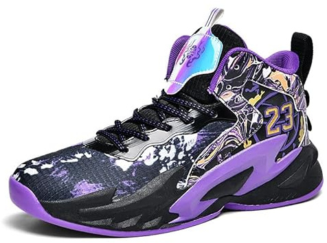 Höga basketskor for pojkar, andningsbara, dämpade sportskor for tonåringar, inomhus- och utomhusbasketskor löpningsskor(Purple,43 EU)
