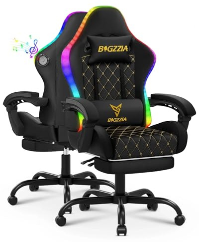 bigzzia Gaming Chair with LED and Speaker Computer Chair Lights RGB, PU Leather Video Game Chair for Adults with Footrest (Black, With Speaker and RGB)