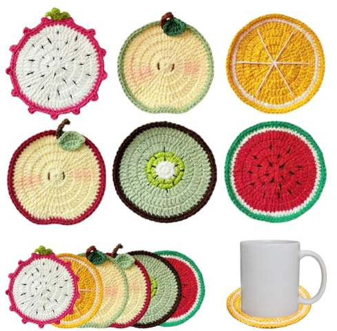 YANGSHINE 6 sottobicchieri a forma di frutta all'uncinetto, 10 cm, delicati sottobicchieri fatti a mano in tessuto per bevande, protezione da scrivania, sottobicchieri all'uncinetto, per casa, ufficio