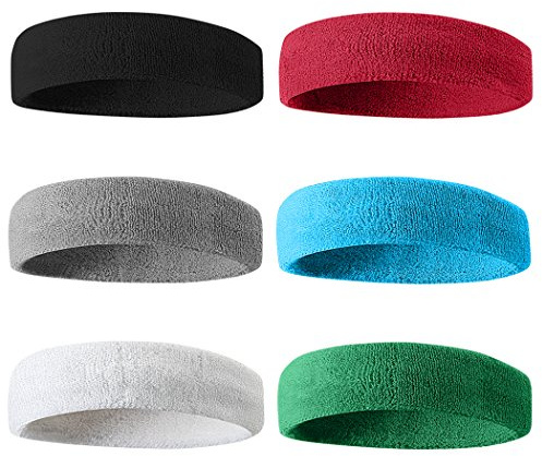 BEACE Sweatbands Sports Headband for Men & Women - 6PCS Moisture Wicking Athletic Cotton Terry Cloth Sweatband for Tennis, Basketball, Running, Gym, Working Out Bl/Wh/Gr/Ma/DP/LT