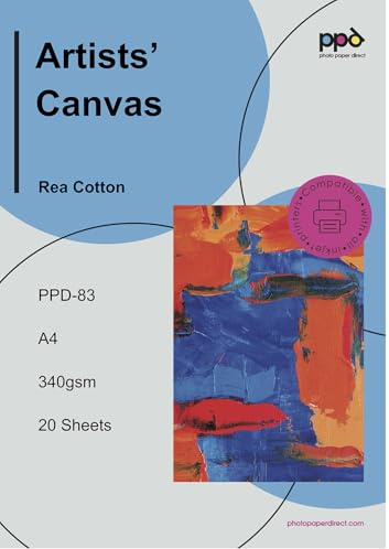 PPD 20 Sheets A4 Canvas Paper Printable Fabric Sheets Inkjet | Premium 100% Cotton Paper with a Matte Canvas Texture. Print Stunning Fine Art and Portraits with a Gallery Look. PPD-60-20