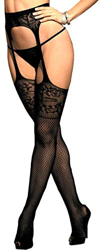 krautwear Damen Strumpfhose Strumpfgürtel Strapsstrumpfhose Ouvert im Sexy Strapse Look aus Spitze Schwarz (005)