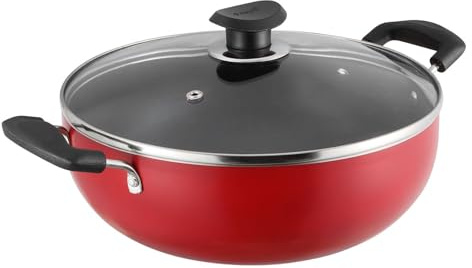 Vinod Zest Non-Stick Deep Kadai Wok with Glass Lid - Frying & Curry Cooking Pot, 3mm Thick 3-Layer Coating,Induction & Gas Compatible, Metal Spoon Friendly