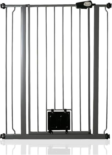 Bettacare Haustiergitter mit Verriegelbarer Katzenklappe, 81.4cm - 89cm, Schiefergrau, 104cm in der Höhe, Extra Hohes Haustier Sicherheitsgitter mit Katzenklappe, Einfache Installation