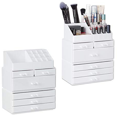 Relaxdays 2 x Kosmetikorganizer mit 6 Schubladen, 22 Fächer Make Up Organizer, große Schmink-Aufbewahrung aus Acryl, weiß
