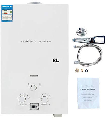 Cozyel Tragbarer Gas Durchlauferhitzer 8L 16KW Propangas Campingdusche für Dusche im Außenbereich Dusche Bad Warmwasser Camping Dusche LPG Warmwasserbereiter Warmwasser Tankless Instant, Weiß