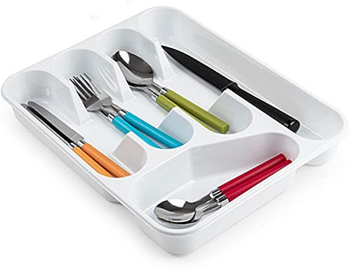 Tradineur - Bandeja cubertero de plástico, de color blanco, de 4,5 x 26,5 x 33,5 cm, Recipiente para ordenación y almacenamiento de cubertería. Caja para guardar cubiertos con compartimentos