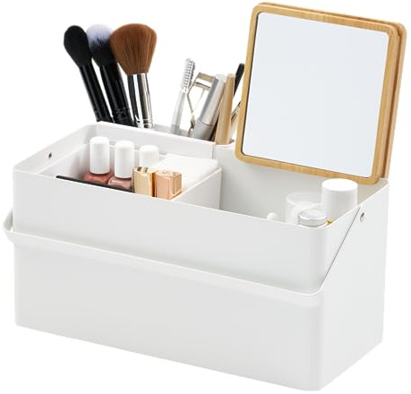 YAMAZAKI 5453 TOWER Makeup Box, white, Steel/Wood/Mirror/ABS Resin, 31 x 15 x 15.7 cm