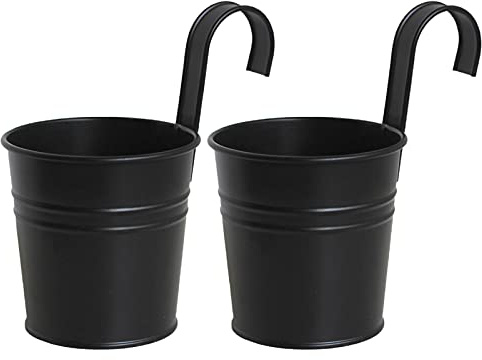 HYLYING 4 vasi da fiori piccoli da appendere, in metallo, in ferro, 10 cm, colore: nero, con gancio per ringhiera, recinzione, balcone, giardino