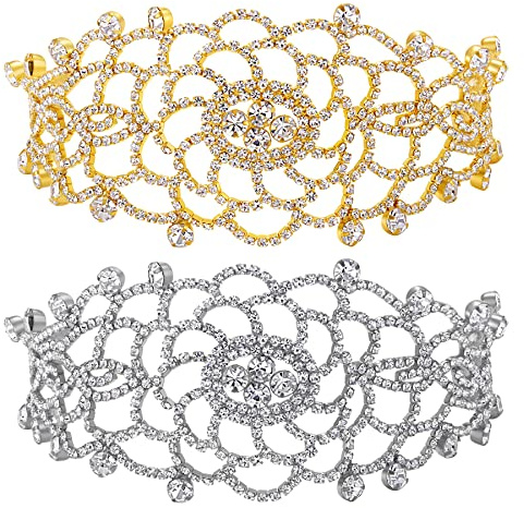 JewelryWe Schmuck Damen Choker Halskette Elegant funkelnde Strass Blumen Braut Hochzeit Kette Kragen Halsband Geschenke für Frau Mädchen Silber/Gold
