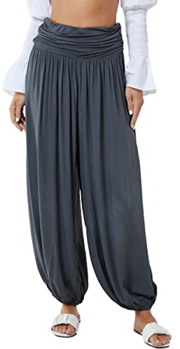 Women's Full Length Lagenlook Boho Hippy Harem Ali Baba Long High Waisted Cuffed Loose Fit Plain Pants Summer Trousers Ladies Joggers Baggy Yoga Harem Pants Plus Size UK 10-18 (10, Charcoal)