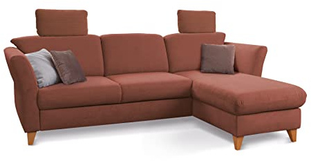 CAVADORE Ecksofa Trend / Skandinavische Eckcouch mit Federkern, Longchair und 2 Kopfstützen / 249 x 86 x 162 / Cord, Kupfer