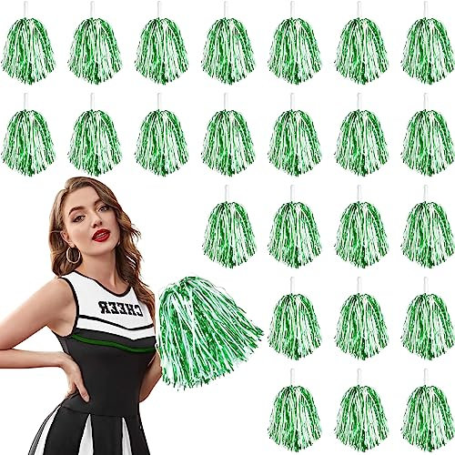 DILIBRA 24 Pcs Metallic Cheerleading Pom Poms, Cheerleaders Cheer Pom Poms with Baton Handle, Cheering Squad Hand Flower for Adults Kids Team Spirit Sports Game Dancing Party