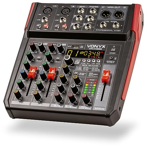 Vonyx VM-KG06 Console de Mixage 6 Canaux - Avec Bluetooth, Lecteur MP3, Interface Audio USB, Processeur de Son, Alimentation Fantôme, Écran LED, Idéal pour les Bars, Petite Salles de Concerts