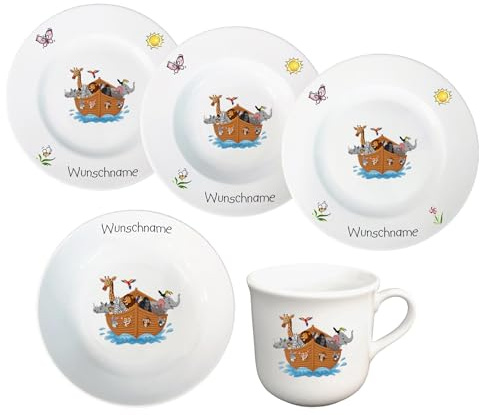 Kindergeschirr Kinderservice 5-tlg. Arche Noah Kinder Geschirr Porzellan Teller Tasse Müslischale personalisierbar mit Wunschname Name Kombiservice mit Namen personalisiert