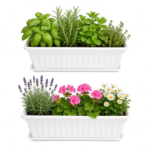 DOITOOL 2 Pack Flower Window Box Planters 17 Inches Plastic Vegetable Flower Planter Boxes with Tray, Rectangular Planters Garden Flower Plant Pot for Balcony, Patio, Garden, White