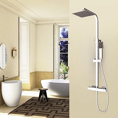 Ducha Casa Columna de Ducha con Termostato, Barra retráctil en Altura 80-120cm con Soporte Deslizante para Pulverizador de mano, Ducha Lluvia de Baño