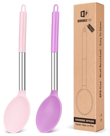 BUNDLEPRO Pack of 2 Large Silicone Cooking Spoon Non Stick Solid Basting Spoons Heat-Resistant Kitchen Utensils for Mixing Serving (Pink-Purple), FB-105