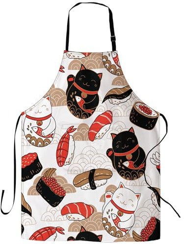 Cat Maneki Neko Sushi Apron, Stocking Stuffers Adult Aprons for Women and Men, Personalized Cooking Gifts, Professional Aprons for Chefs Grill Bistro Baking