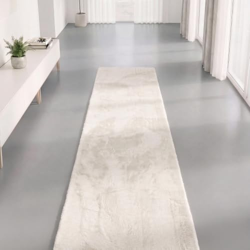 Interiyou Fargo - Teppich Wohnzimmer 80x300 cm Creme - Kurzflor Waschbar und rutschfest - Flauschiger Fellteppich aus Kunstfell - weicher Langflor Fell
