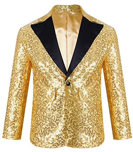inlzdz Abito da Smoking Bambino Ragazzo Giacca con Paillettes Vestito da Cerimonia Sera Party Giacca Elegante Brillantini Blazer Cappotto da Batessimo Slim Fit 5-14 Anni Oro 9-10 anni