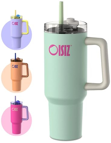 OISIZ - Vaso térmico con asa y paja, 1200 ml/1,2 l, botella de agua aislada de acero inoxidable, vaso de viaje, termo botella para oficina, tapa sip o swig