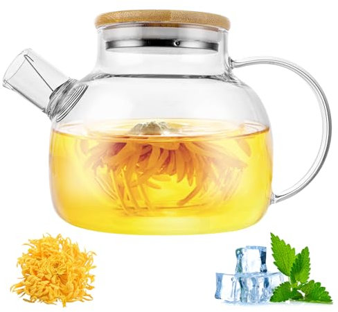 APACALI Theiere Verre avec Filtre, 1000 ml Théière en Verre Transparente avec Infuseur, Theiere en Verre avec Couvercle en Bambou, pour Contenants de Thé aux Fruits et Théière en Fleurs