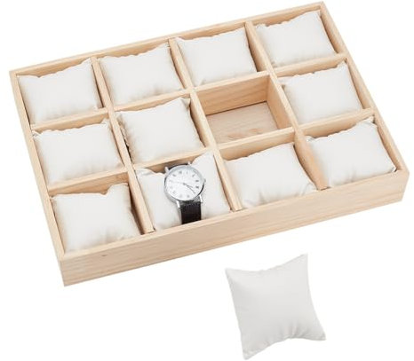 PH PandaHall Vassoio Porta Orologi In Legno con 12 slot per Espositore per Orologi con Cuscini Regolabili In Pelle PU, Vassoio Porta Bracciale per Vetrina Espositiva per Orologi Da Cassetto, Bianco