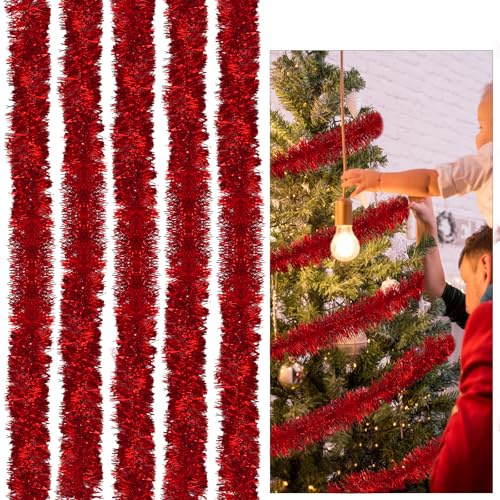 Kapokr Tannengirlande Weihnachten Künstliche Tannengirlande 5m Lametta Weihnachtsgirlande für Aussen Drinnen Weihnachtsbaum Shochzeitsparty Kränze Dekorationen (Rot)