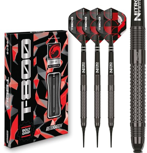 RÖDA DRAGON Darts – T-800–90 % professionell volfram – 18 g tunna/20 g full vikt mjuk spets dartset med dartflyg och dartaxlar (stammar)