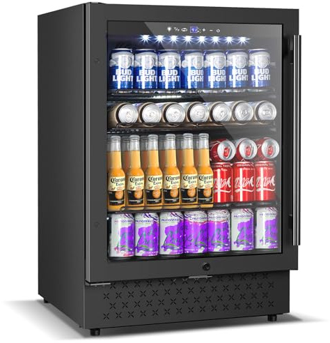 24 Inch Beverage Refrigerator, 5.2 Cu. Ft. Drink Refrigerator with Glass Door, 200 Cans Under Counter & Freestanding Drink Fridge, Reversible Door, Built-In Beverage Cooler for Kitchen, Bar or Office.