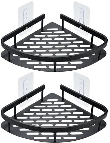 Cheerhom Duschablage Ecke Ohne Bohren, 2 Stück Duschregal Ohne Bohren Edelstahl, Dusche Halterung mit 4 Haken Badezimmer Regal für Dusche Aufbewahrung Shampoo und Duschgel (Schwarz)