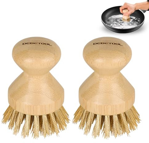 DEBETOOL Brosse en fonte avec poils en laiton et manche en bambou naturel – Nettoyant en fonte robuste pour woks, grilles, barbecues et poêles – Nettoyage et entretien sans effort