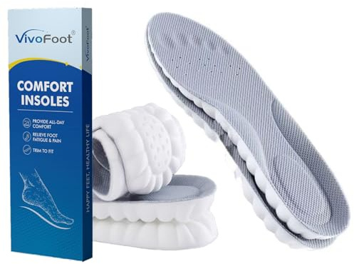 VivoFoot Memory Foam-innersulor för män och kvinnor, 4D molnkudde-stöd, mjuka komfortinlägg för att stå och gå hela dagen, stötdämpande, trimbar för att passa, Grå, Men 7-11,2Pair