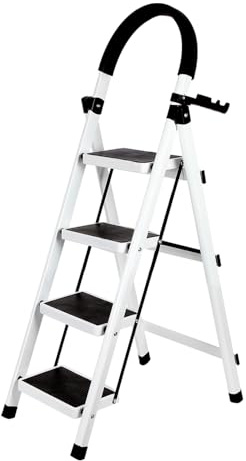 Homewell Klapptrittleiter 3/4/5 Stufen en Kohlenstoffstahl mit Werkzeugablage & Zubehör, 150 kg Belastbarkeit, faltbar, Ideal für Haushalt, Lagerung, Reinigung