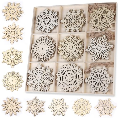 SWAWIS 45 Stück Weihnachtsschmuck Holz Schneeflocken 10x10cm Christbaumschmuck 9 Designs (5 STK) mit Jute Schnur Holzschmuck Weihnachtsbaum Schmuck Weihnachtsbaumschmuck Weihnachtsbaum Anhänger Holz