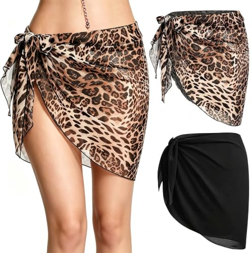 louuuou 2 PCS Sarongs for Women Beachwear Leopard Black Sarong Beach Sarong