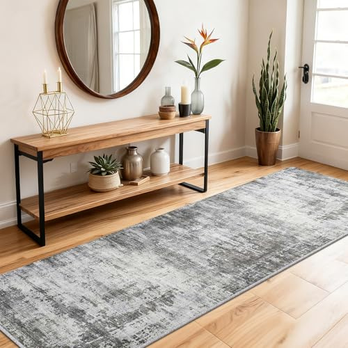 SOANNY Runner Rug, 60x180 cm Abstract Low Pile Carpet, Non-Slip Washable Area Mat for Bedroom, Hallway, Kitchen, Laundry, Entryway, Utility, Beside Sofa, Office, Ash Grey