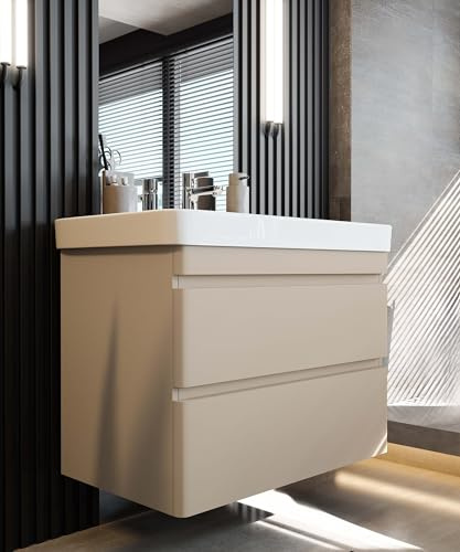 Newroom Waschbecken mit Unterschrank Mokka matt hängend Badezimmer 80 cm | grifflos, 2 Schubladen, wandmontiert, Waschtisch, Badmöbel, Badezimmermöbel, für kleine Bäder