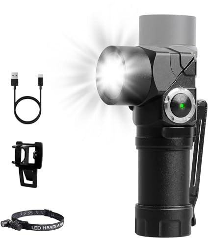 Mustbau Lampe torche LED rechargeable, lampe frontale 2 en 1, mise au point réglable, 6 modes d'éclairage, lampe de poche avec tête rotative à 90° pour coupures de courant, urgence, camping, randonnée