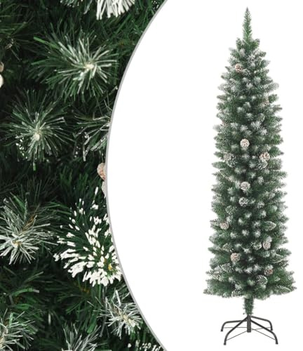 sephironlbb Konstgjord julgran, smal, 240 cm med stativ, PVC, snötäckt med snö och kottar, naturtrogen för vardagsrum och inomhus, flamskyddad, gran adventsdekoration