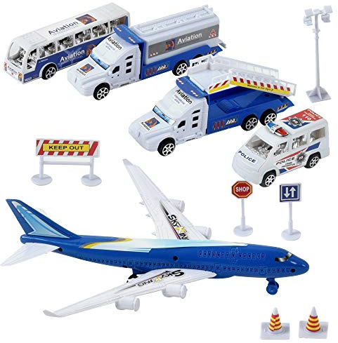 TURBO CHALLENGE - Set Aeroporto 11 pezzi - City - 097728 - Veicolo a Ruote Libere - Blu - Plastica - Giocattolo per Bambini - Auto - Regalo - A partire dai 3 anni