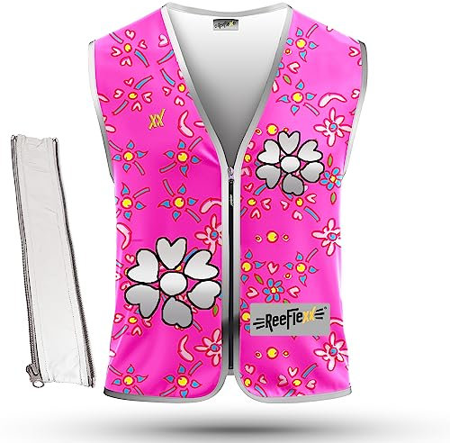 REEFLEXX Coole Kinder Warnweste inkl. Größen-Adapter, Reflexionsweste, erhöhte Sichtbarkeit im Straßenverkehr durch Reflektoren, Farben und Muster, Pink Flower Hearts - Größe L