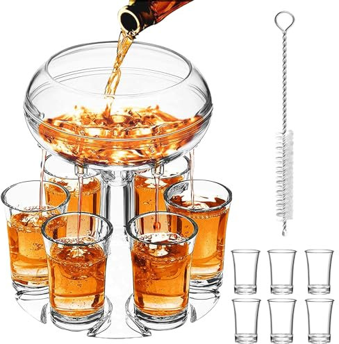 ALEVMOOM Distributeur de verres à liqueur et support, distributeur réglable en acrylique avec 6 verres à boire en plexiglas de qualité alimentaire, pour distributeur de bière pour bar, fête, outils à